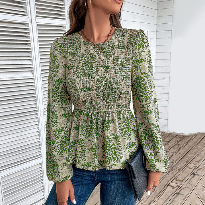 Dame Elegant Bluse med raffineret Floral-Design og Puffærmer Stilla