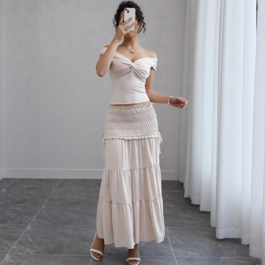 Damer Off-Shoulder Maxi Kjole med Rynket Nederdel og Romantisk Design