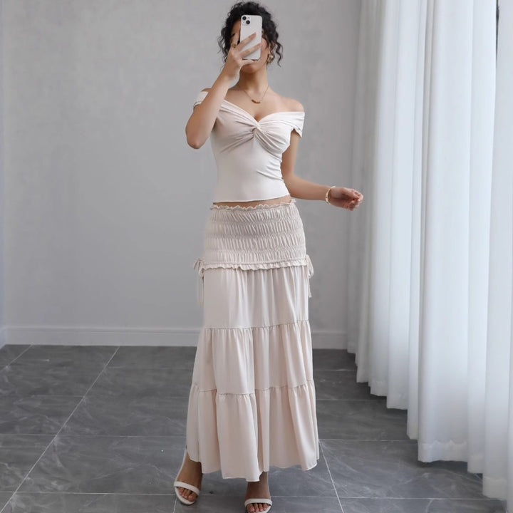 Damer Off-Shoulder Maxi Kjole med Rynket Nederdel og Romantisk Design