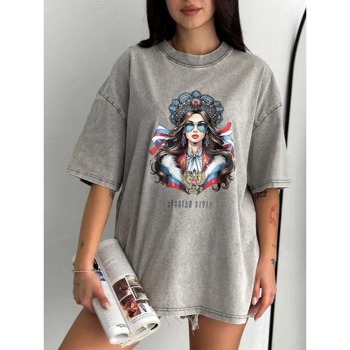 Dame T-shirt med kunstnerisk vintage grafiktryk Stilla