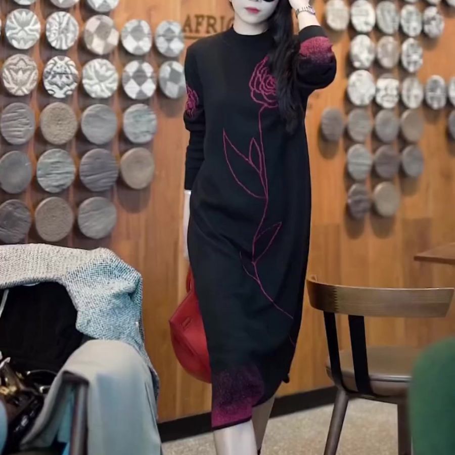 Dame Elegant stribet Langærmet kjole med Floral-broderi Stilla