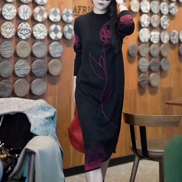 Dame Elegant stribet Langærmet kjole med Floral-broderi Stilla