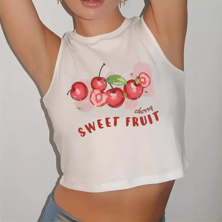 Dame Crop-top med moderne grafiktryk og trendy spænde Skovae