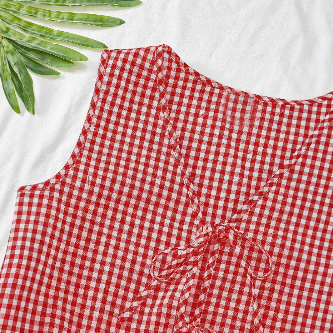 Dame Viskose Top med ternet design og legende rygsnøre Stilla