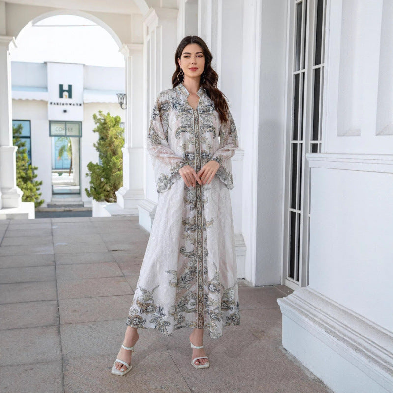 Dame Elegant Kaftan med blomsterdesign og transparente ærmer Skovae