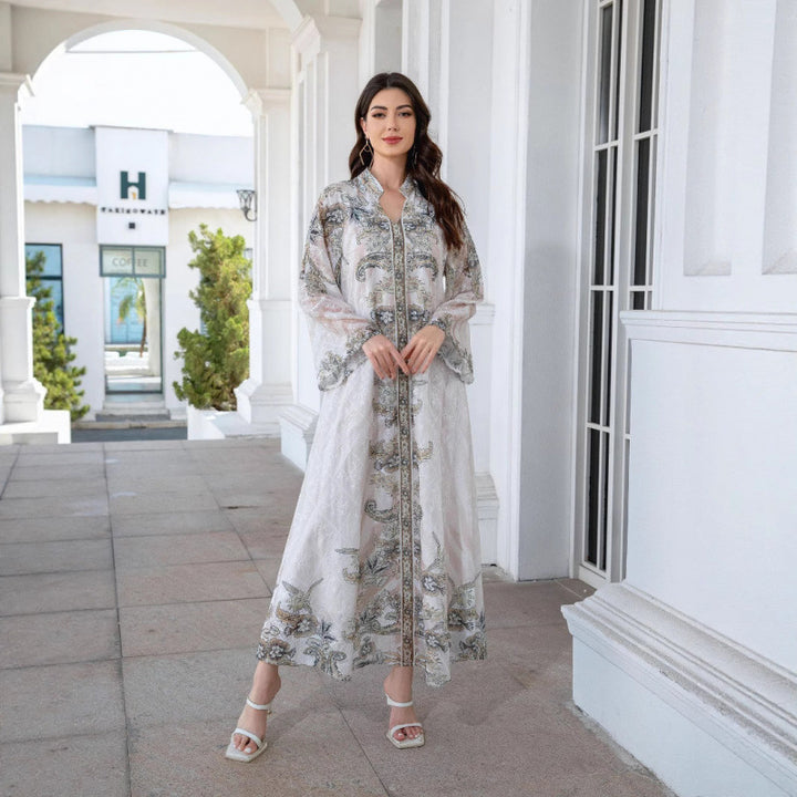 Dame Elegant Kaftan med blomsterdesign og transparente ærmer Skovae