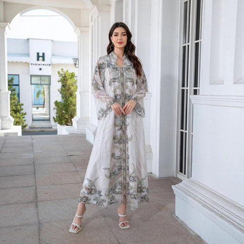 Dame Elegant Kaftan med blomsterdesign og transparente ærmer Skovae