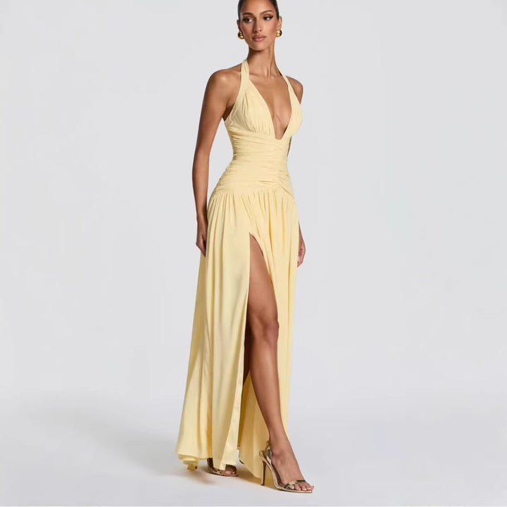 Damer Elegant Maxi Kjole med Wrap Design og V-Hals