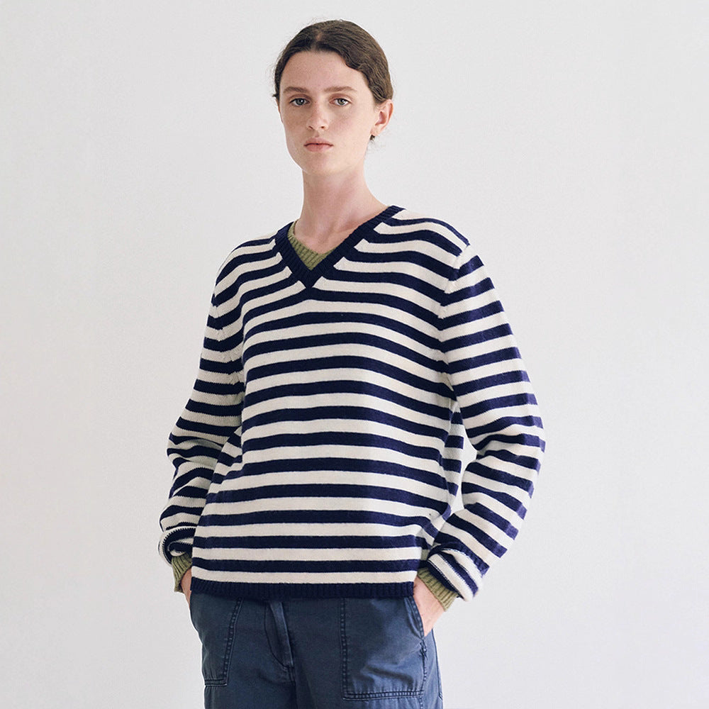 Kvinderne V-hals sweater med stribet mønster Stilla