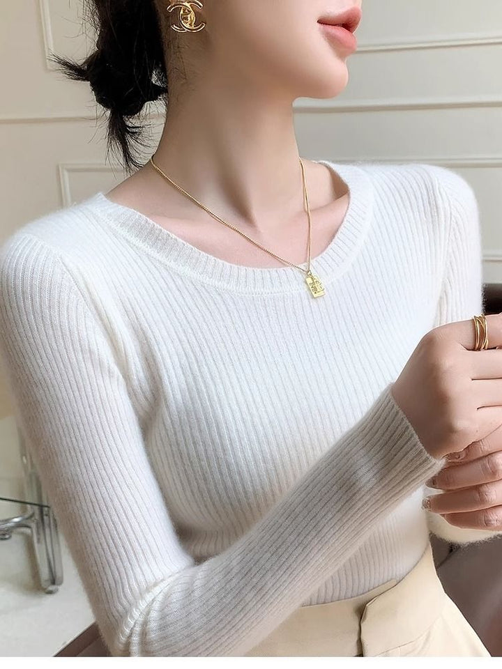 Dame fin ribbet strikket pullover med rund hals Stilla
