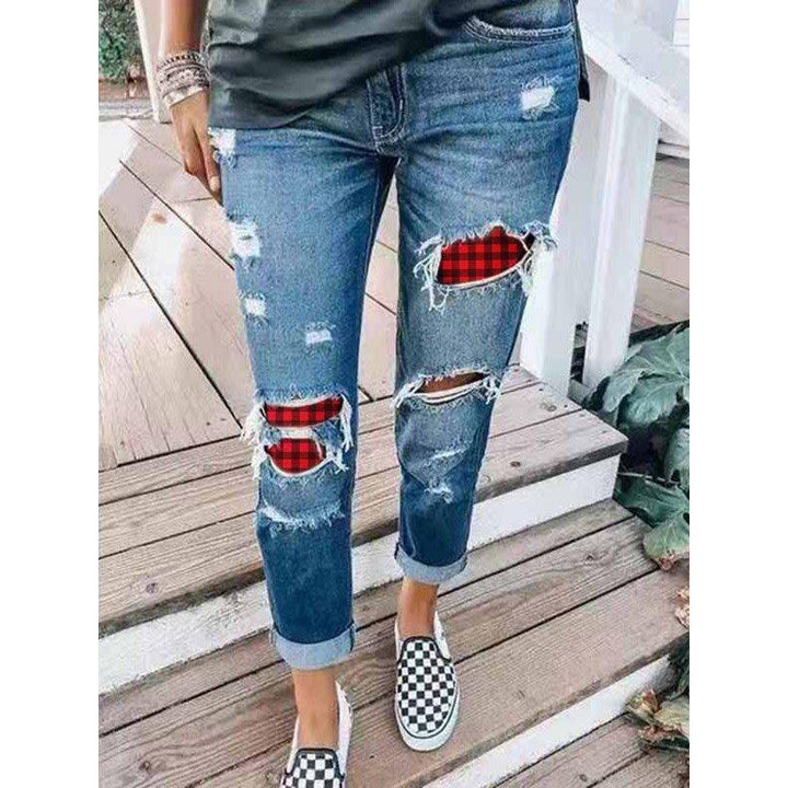 Kvinder dekorerede denim-jeans med ternede accenter Stilla