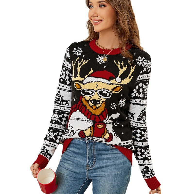 Dame festlig strikpullover med kreativt rensdyrdesign og blødt inderside Stilla