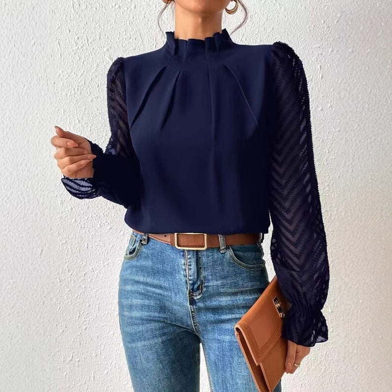 Dame Elegant bluse top med flæse detaljer og gennemsigtige ærmer Stilla