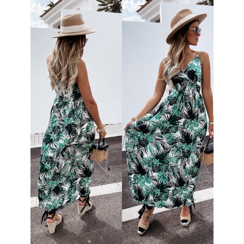 Dame Tropical Print Maxi Kjole med justerbare snore Stilla