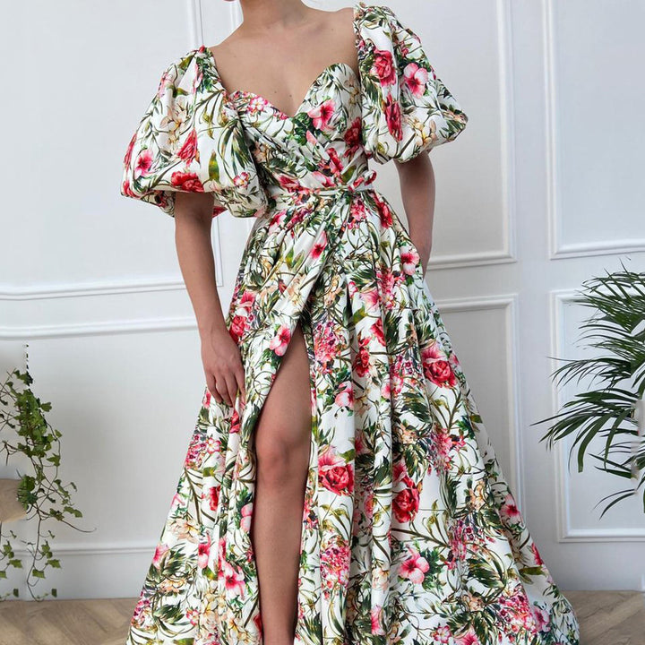 Dame Elegant Maxikjole med blomsterprint og voluminøse pufærmer Stilla