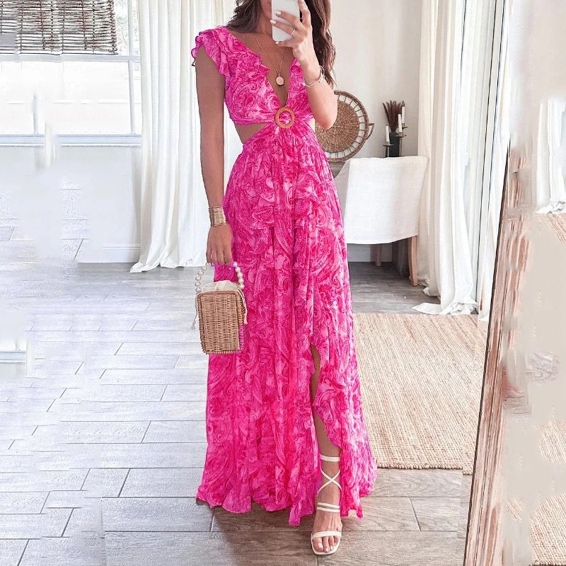 Dame Maxikjole med florale cut-out-detaljer og elegante volanger Stilla