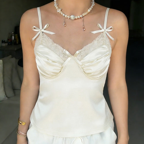 Dame Satin-Camisole med blonder og legende sløjfer Skovae