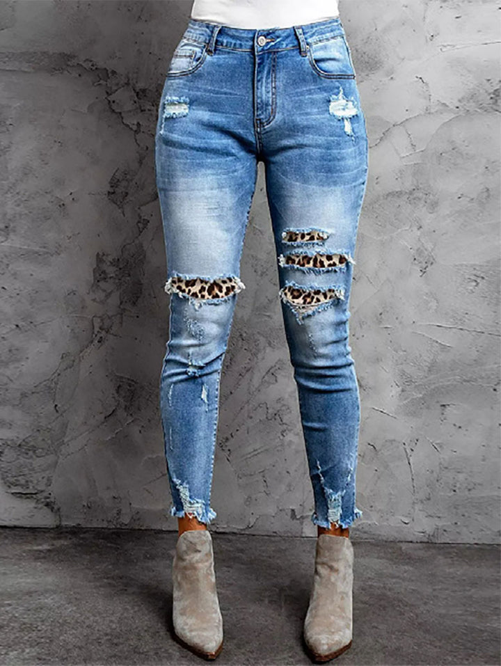 Dame Udvaskede Højtaljede Skinny Jeans med Dyreprint Accenter Stilla