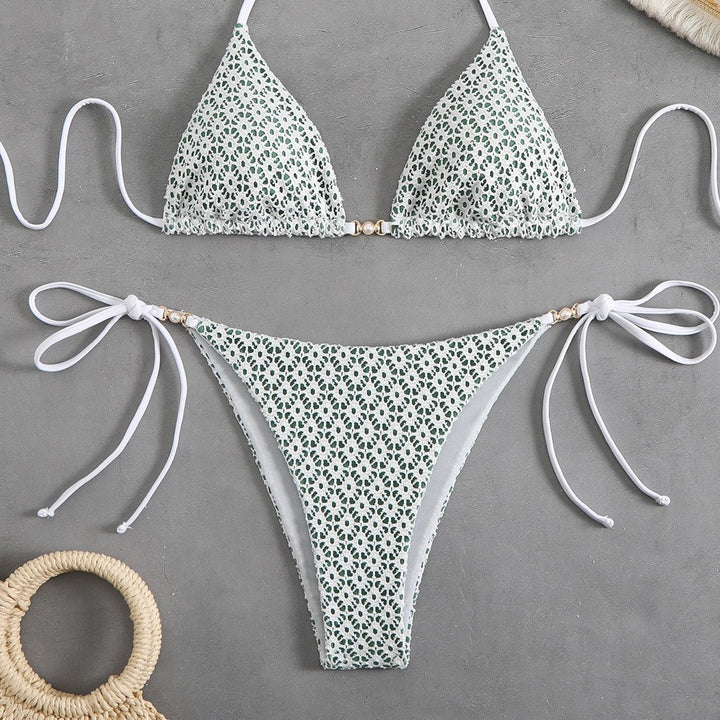 Dame Triangel Bikini Sæt med justerbare Bindebånd og blomster mønster Stilla