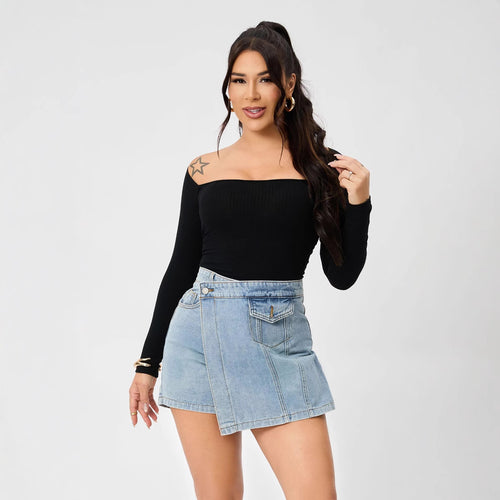 Dame Off-Shoulder Top med figursyet snit og jeansnederdel Stilla