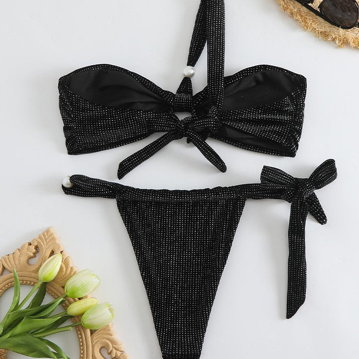 Dame Bandeau-Bikini-sæt med skinnende detalje og legesyge slips Stilla