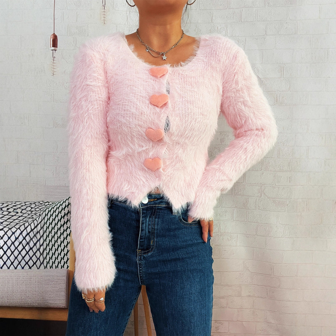 Dame fluffy cardigan med hjerteknapper Stilla