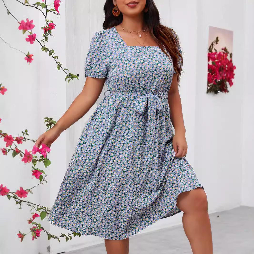 Dame Midi Kjole med blomsterprint og puffærmer Skovae