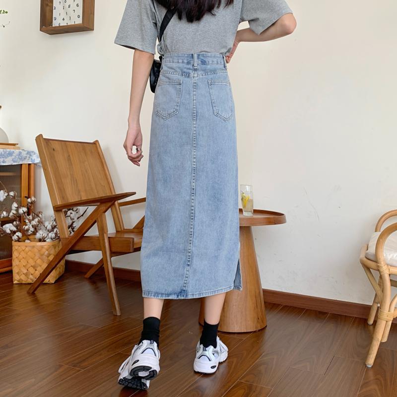 Damer Lang Denim Nederdel med Chic Slids Stilla