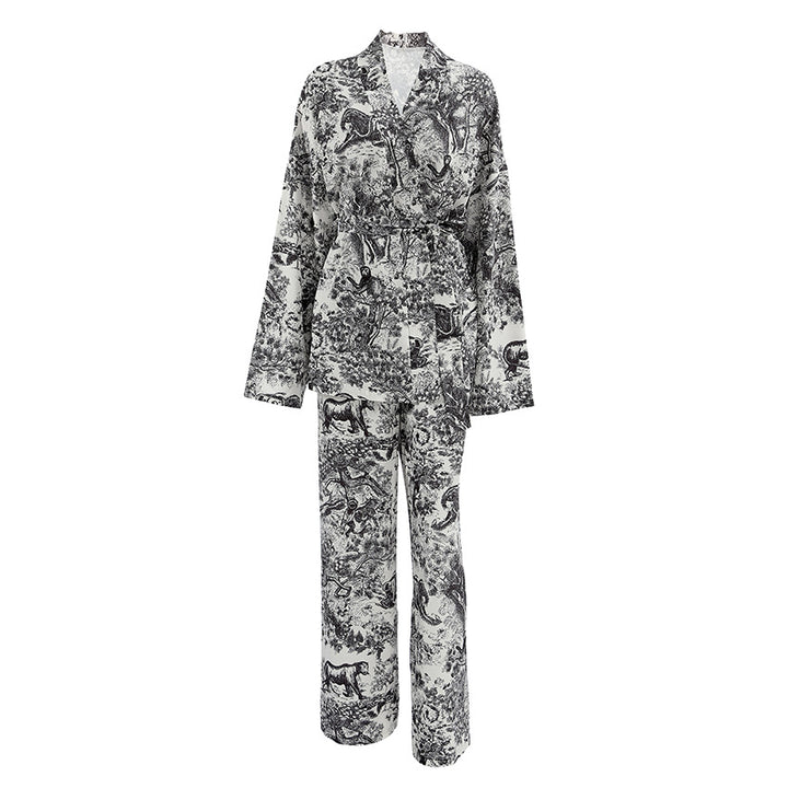 Dame elegant trykt sæt bestående af kimono-blazer og brede bukser Stilla