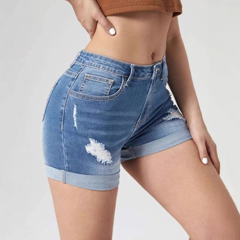 Dame High-Waist Jeans-Shorts med destroyed detaljer og fashionable sømme Stilla