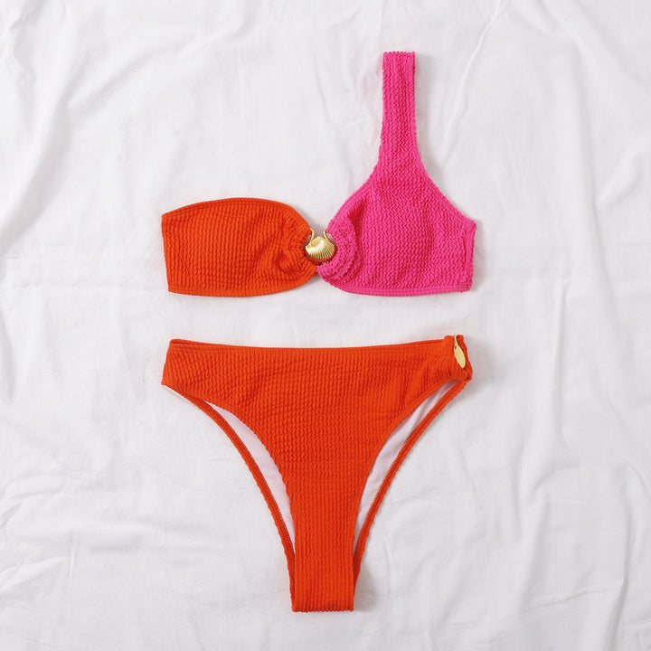Dame En-Skulder Teksturert Bikini-Sæt Stilla