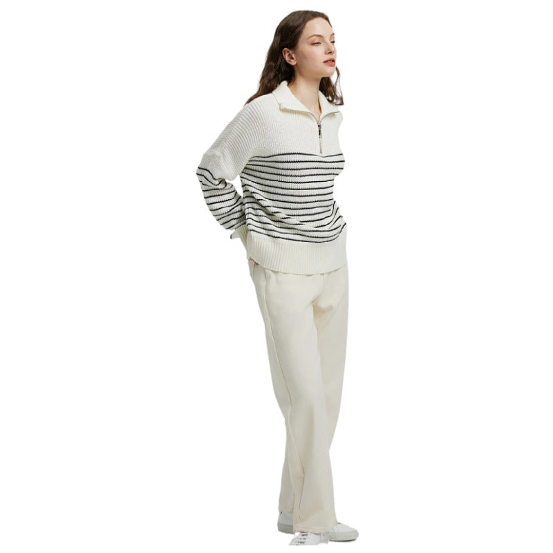 Dame Stribet Pullover med Ståkrave og Lynlås Stilla