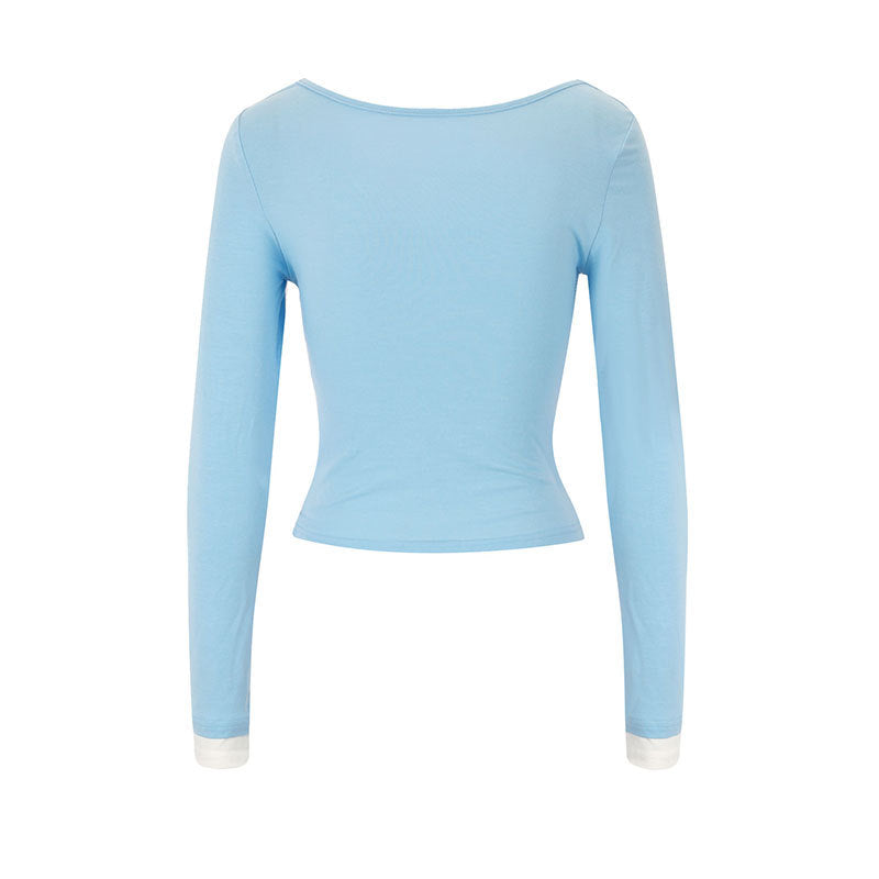 Dame figursyet longsleeve med elegant rynkeeffekt og dyb udskæring Skovae