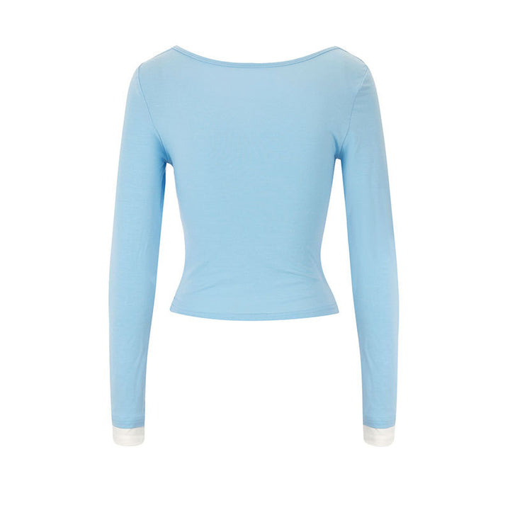 Dame figursyet longsleeve med elegant rynkeeffekt og dyb udskæring Skovae