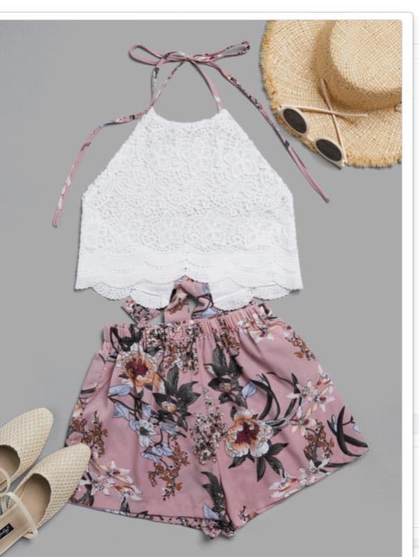 Dame sommerligt sæt med spidstop og blomster shorts Stilla