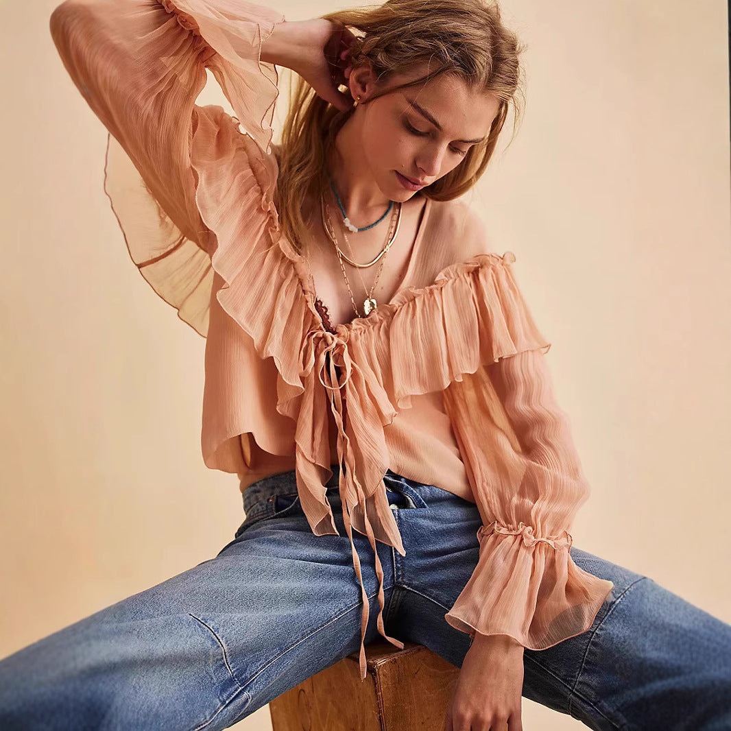 Femme Elegante Volant Bluse med Sløjfe-Detail Stilla