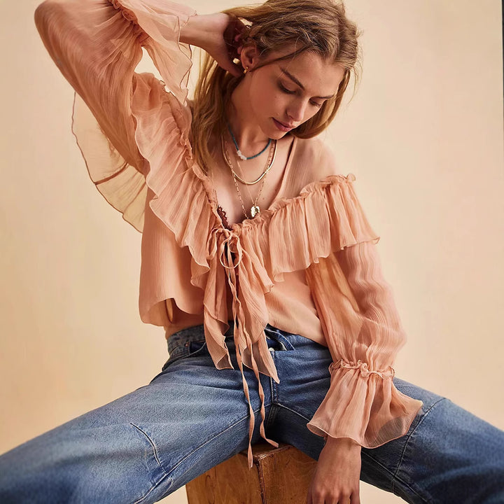 Femme Elegante Volant Bluse med Sløjfe-Detail Stilla