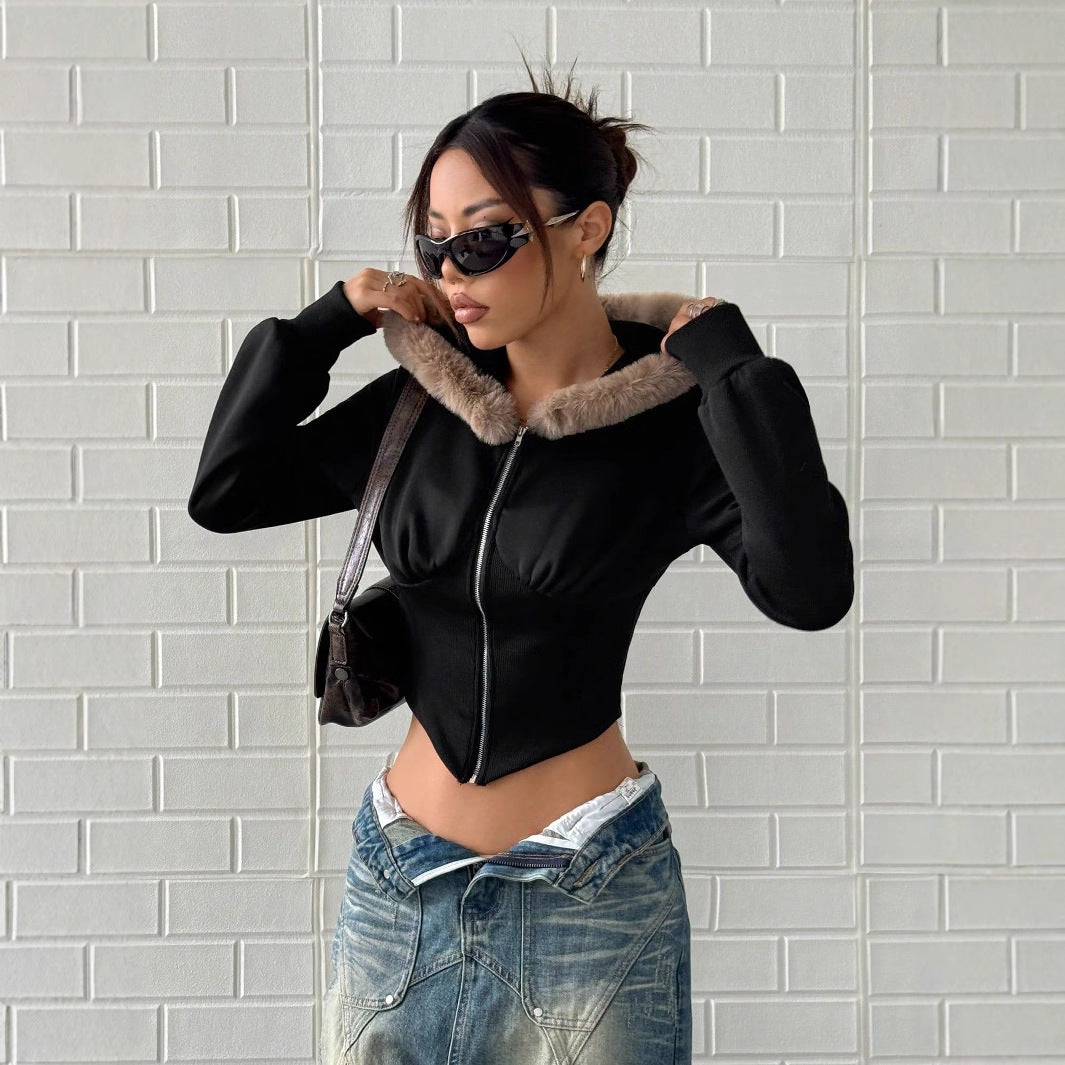Dame cropped hoodie med luksuriøs pelskant Stilla