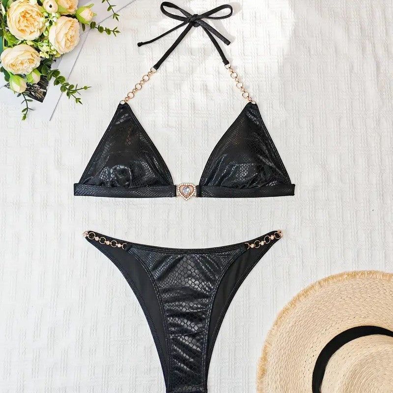 Frau Schlangenhaut-Print Trekant-Bikini-Sæt med elegant Kæde Detalje Stilla