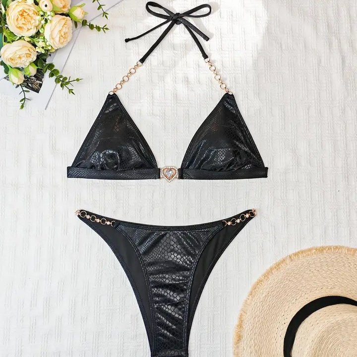 Frau Schlangenhaut-Print Trekant-Bikini-Sæt med elegant Kæde Detalje Stilla