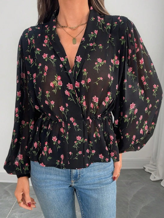 Dame blomsterprintet bluse med puffærmer Stilla