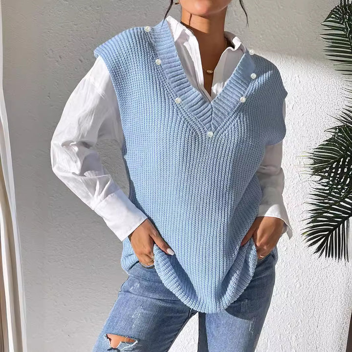 Dame strikpullover med V-hals og perledekoration Stilla
