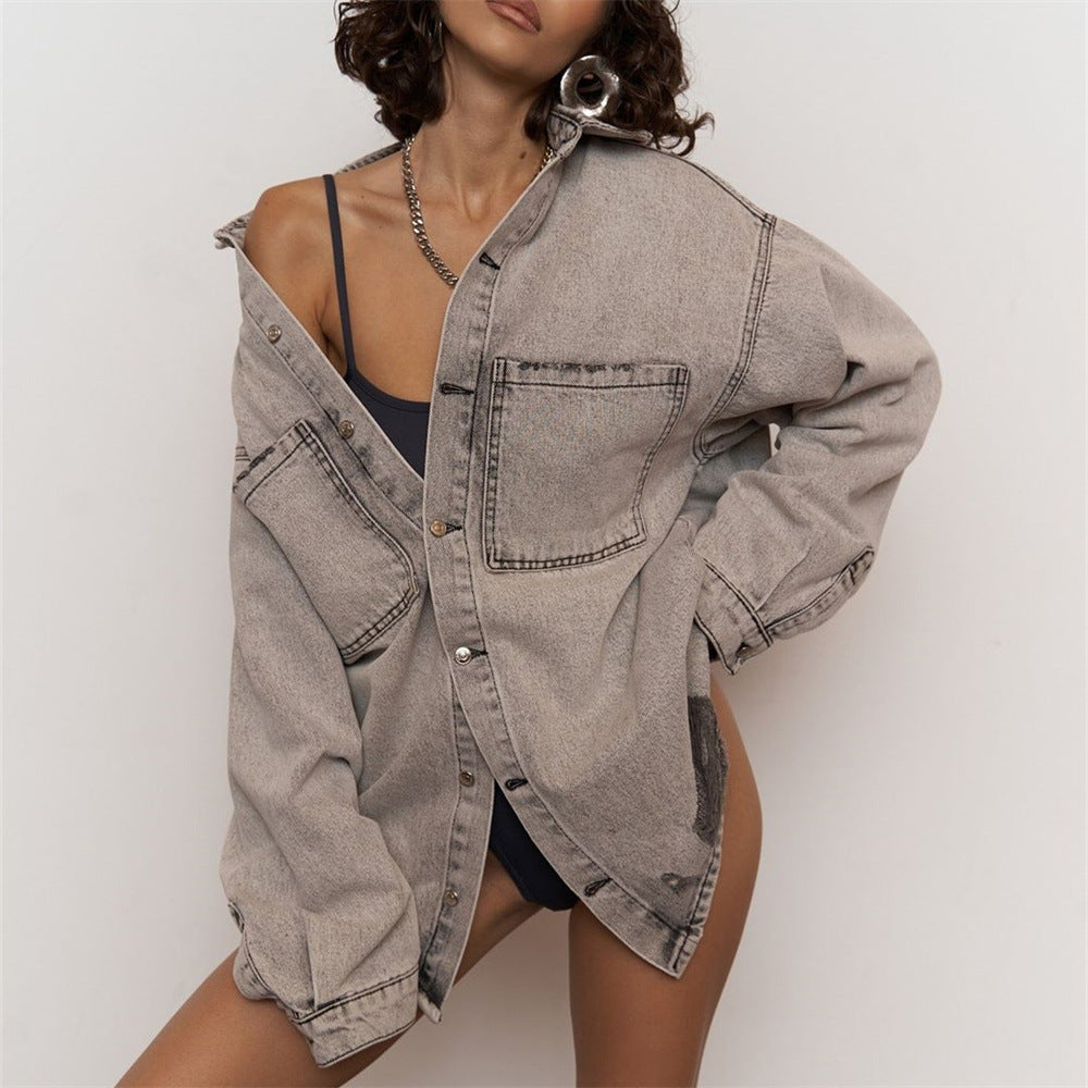 Kvinders Mode Jeans Skjorte Jakke med Slidte Detaljer Stilla