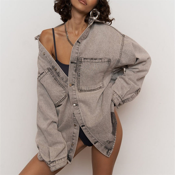 Kvinders Mode Jeans Skjorte Jakke med Slidte Detaljer Stilla