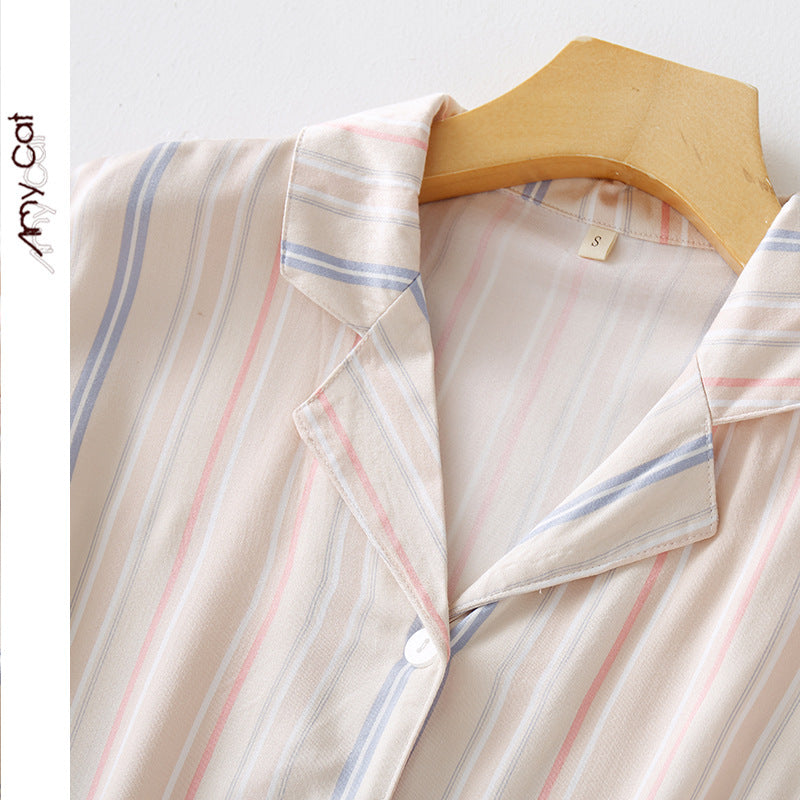 Dame Kortærmet Pyjama-Sæt med elegante striber og elastisk talje Stilla