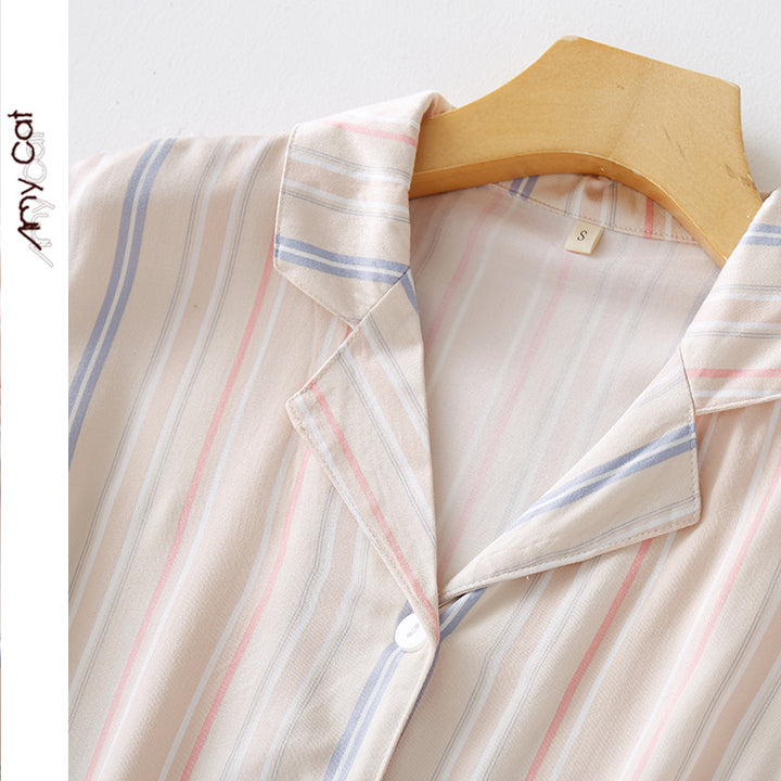 Dame Kortærmet Pyjama-Sæt med elegante striber og elastisk talje Stilla