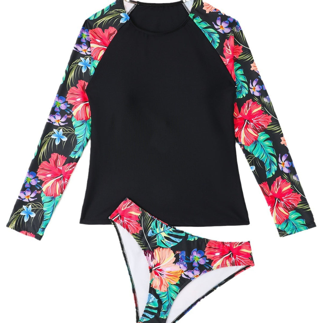 Dame Sporty Rashguard-Bikini-Sæt med blomsterdesign og lange ærmer Stilla