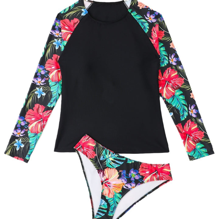 Dame Sporty Rashguard-Bikini-Sæt med blomsterdesign og lange ærmer Stilla