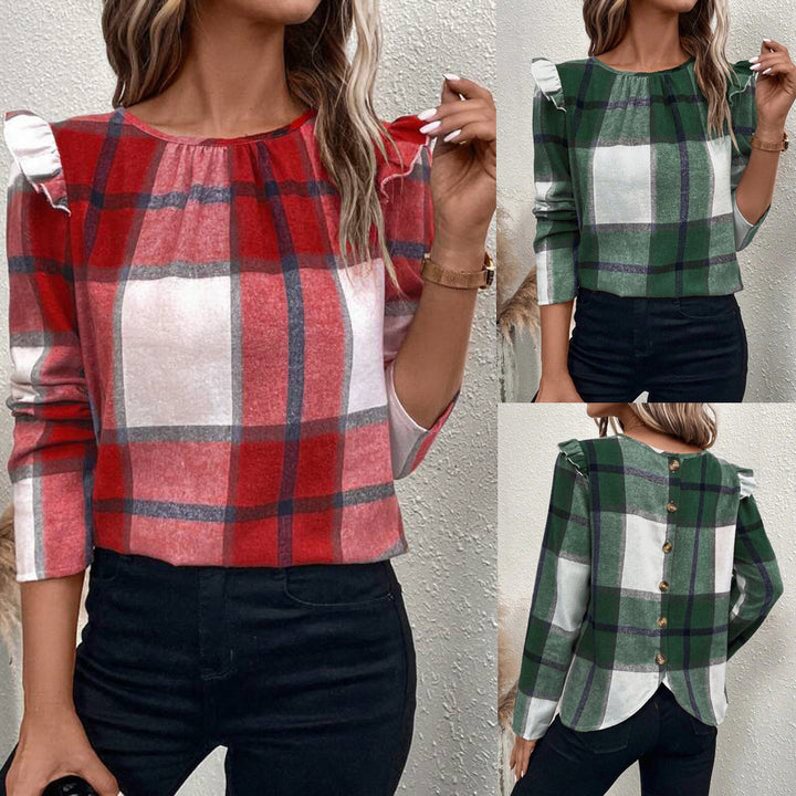 Damebluse med flæsedetaljer og ternet mønster Stilla
