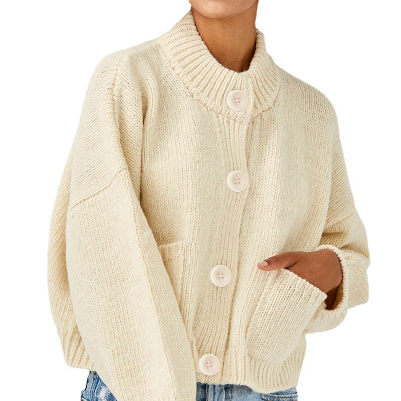 Dame Oversize Strikjakke med Ståkrave og Store Knapper Stilla